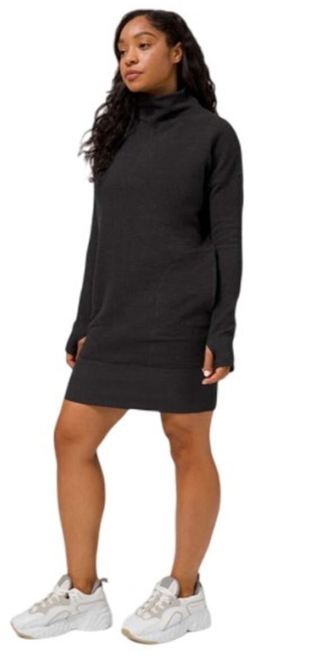 Lululemon Call for Cozy Dress, Black Turtleneck Sweatshirt Dress, Size 10
